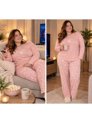 Lila Kadın Battal Beden Toz Pembe Pamuklu Pijama Takımı - Battal Beden Ev Giyimi