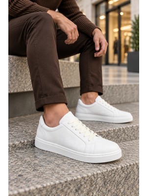 Mevese Etile Bağcıklı Cilt Erkek Günlük Sneaker Ayakkabı - Beyaz