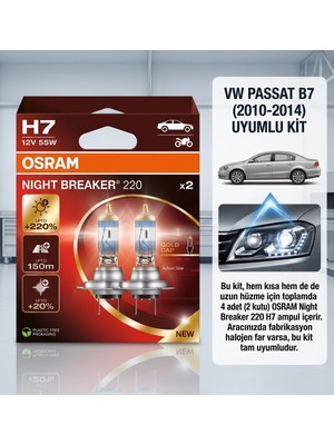 Osram H7 Night Breaker 220 Kısa Uzun Far Ampul Seti Vw Passat B7 2010-2014 Uyumlu (4 Adet / 2 Kutu)