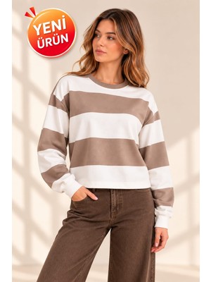 Evra Yeni Sezon Pamuklu Oversize Çizgili Bisiklet Yaka Kadın Sweatshirt – Yumuşak Dokulu Rahat Kalıp