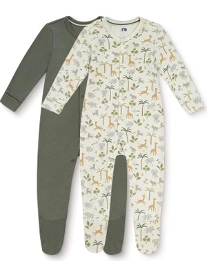 Mothercare Baby Boy Romper Safari Print Snap Crew Neck Long Sleeve Footed