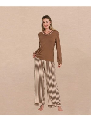 Yare Latte Uzun Kollu Çizgili Pijama Takımı