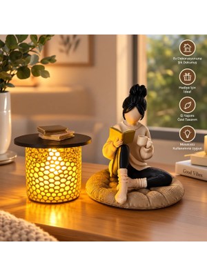 El Yapımı 3D Tasarım Kitap Okuyan Kız Okuma Köşesi Dekoratif Sehpa Ledli Hediyelik Minyatür Kitap Seti Dekoru