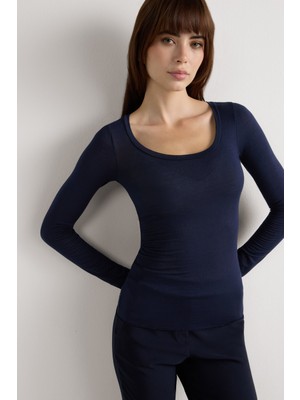 Intimissimi Deep Scoop Neck Long Sleeve Cashmere Blend Ultralight Modal Top
