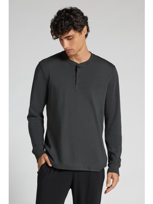Intimissimi %100 Cotton Henley Neck Long Sleeve Top