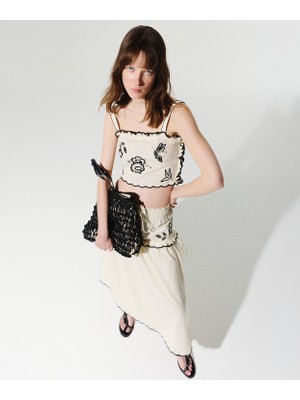 Twist Ruffle Trim Embroidered Midi Skirt