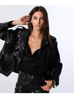 Twist Leather-Look Fringed Biker Jacket