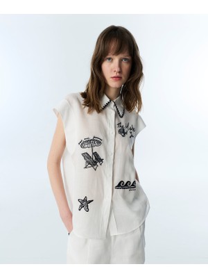 Twist Contrast Embroidered Linen Shirt