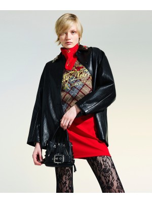 Twist Contrast Collar Leather Look Trench Coat