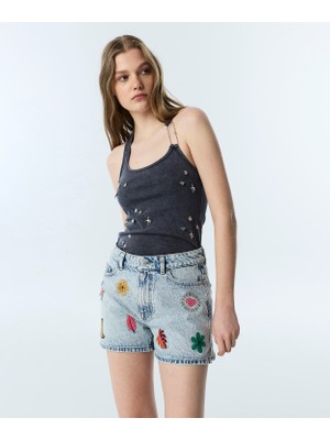 Twist Embroidered Denim Shorts