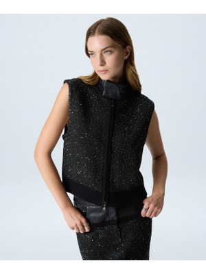 Twist Sequin Faux Leather Collar Knit Vest