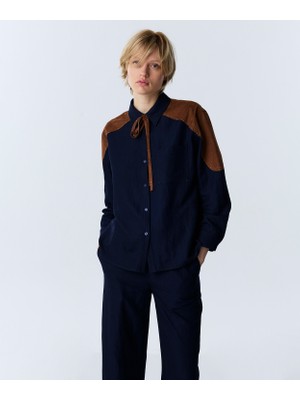 Twist Tie Neck Fabric Mix Shirt