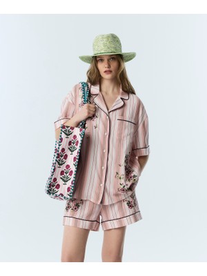 Twist Floral Embroidered Striped Shirt