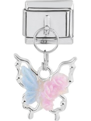 Costurera GÜMÜŞ MAVİ PEMBE KELEBEK ÇELİK CHARM