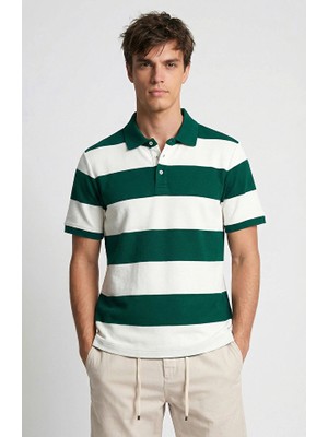 Network Green Ecru Striped Polo Collar T-Shirt