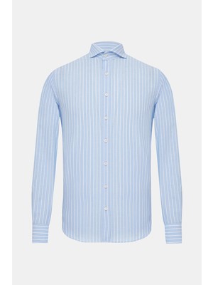 Vakko Blue Striped Cotton Linen Shirt