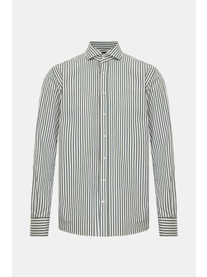 Vakko Dark Green Striped Cotton Shirt