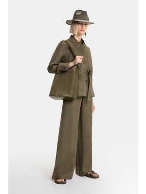 Vakko Khaki Wide-Leg Linen Trousers