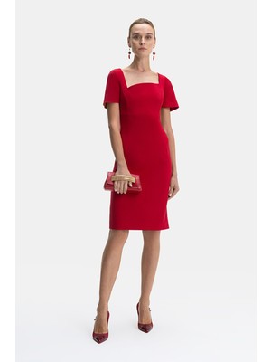 Vakko Red Short Sleeve Below-Knee Dress