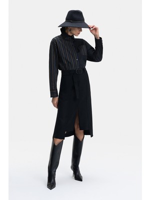 Vakko Black Belted Wool Skirt