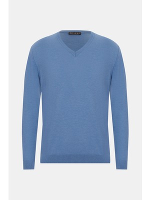 Vakko Blue V-Neck Knit Sweater