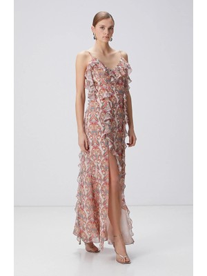 Network Multicolor Patterned Maxi Evening Dress