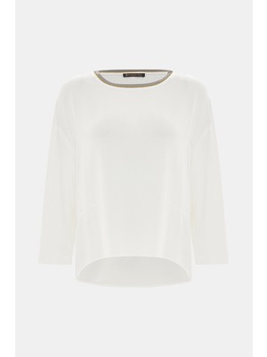 Vakko Ecru Round Neck Long Sleeve Blouse