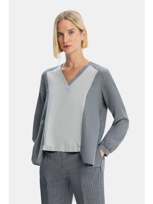 Vakko Dark Grey V-Neck Long Sleeve Blouse