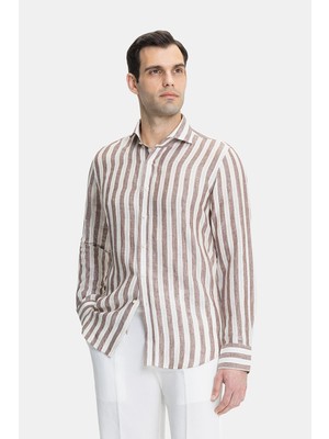 Vakko Striped Linen Cotton Casual Shirt