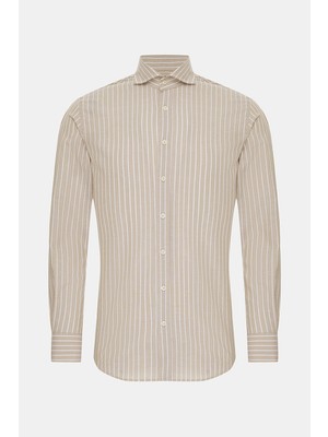 Vakko Beige Striped Pattern Cotton Linen Shirt