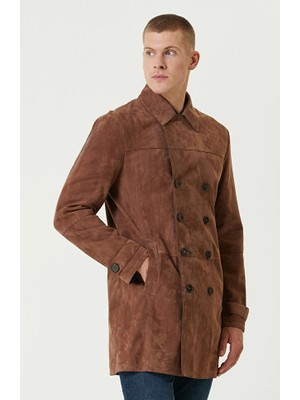 Network Limited Caramel Double-Breasted Suede Trench Coat