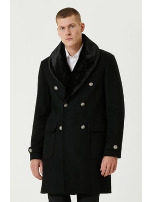 Network Black Fur Detail Wool Cashmere Blend Overcoat