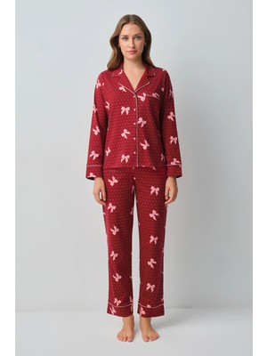 Suwen Red Heart Print Teddy Ribbon Shirt Collar Pajama Set