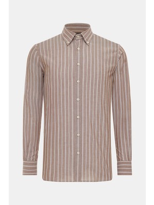 Vakko Dark Beige Striped Cotton Linen Shirt