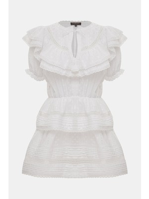 Vakko White Short Sleeve Short Dress