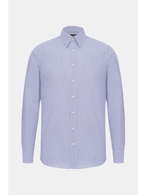 Vakko Dark Blue Striped Cotton Linen Shirt