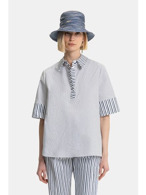 Vakko White-Navy Patterned Blouse