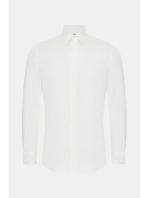 Vakko White Cotton Linen Jersey Casual Shirt
