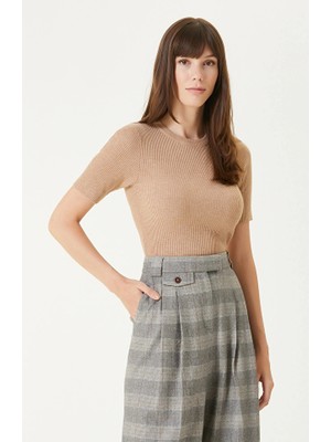 Network Beige Melange Short Sleeve Basic Knit Sweater