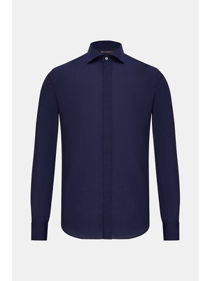 Vakko Navy Cotton Linen Casual Shirt