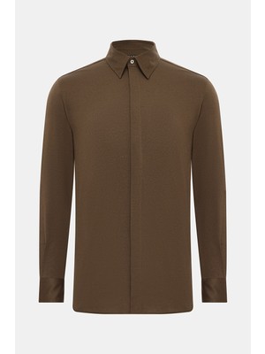 Vakko Brown Cotton Linen Jersey Casual Shirt
