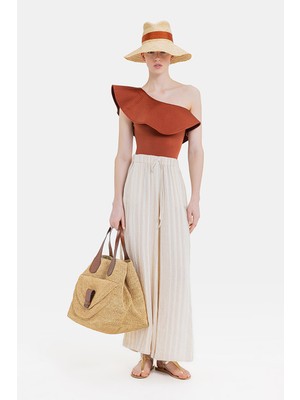 Vakko Beige Striped Trousers