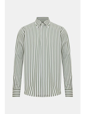 Vakko Dark Green Striped Cotton Shirt