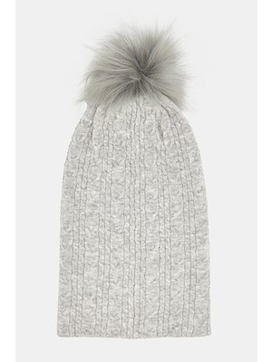 Vakko Light Grey Knit Pattern Faux Fur Beanie