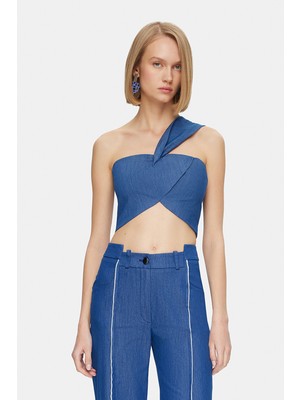 Vakko Navy Low-Cut One-Shoulder Blouse