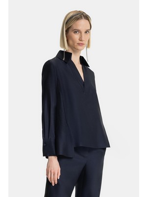 Vakko Navy Long Sleeve Blouse