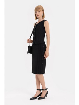 Vakko Black Striped Wool Below-The-Knee Skirt