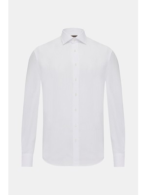 Vakko White Herringbone Cotton Shirt