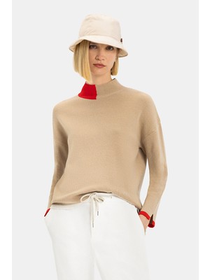 Vakko Camel High Neck Knit Sweater