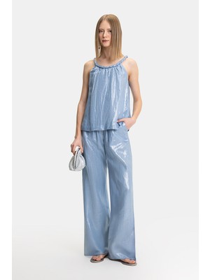 Vakko Blue Shiny Linen Trousers